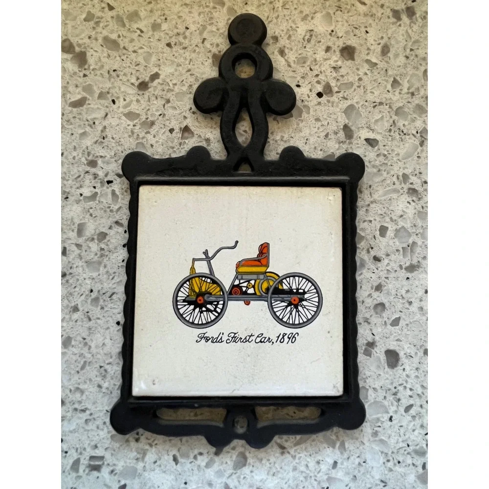 Vintage San-Huan Cast Iron Ceramic Tile Trivets Set 4 Antique Cars Wall Decor